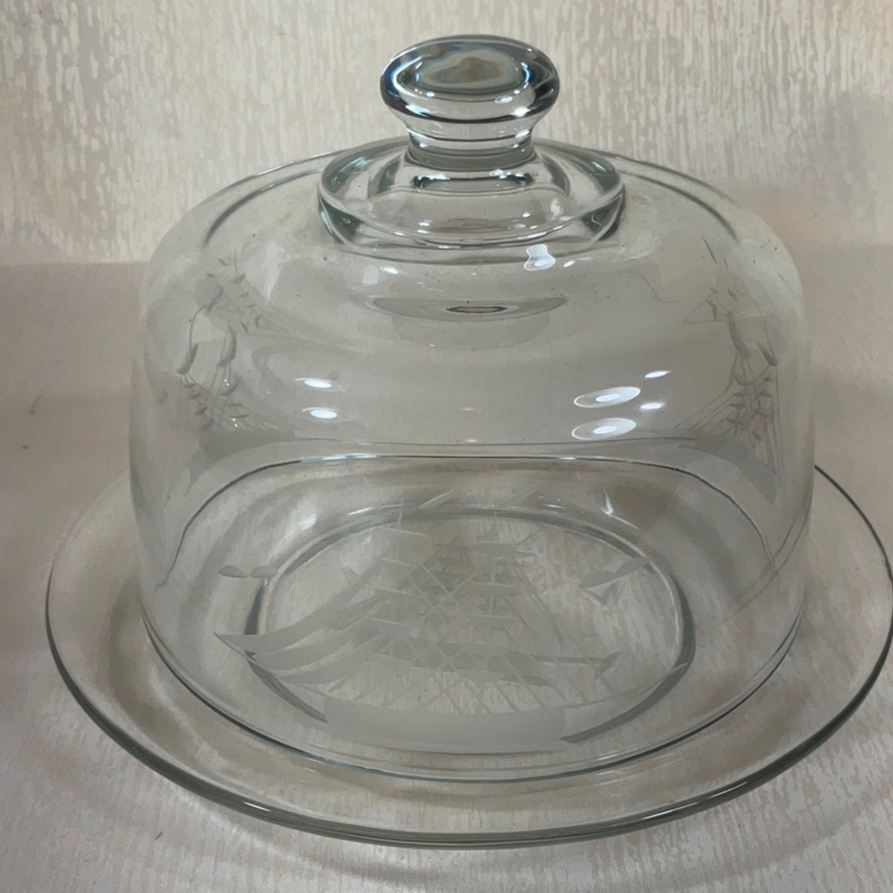 Covered Crystal Cheese Butter Dish & Plate Set- Etched Sailing Ships